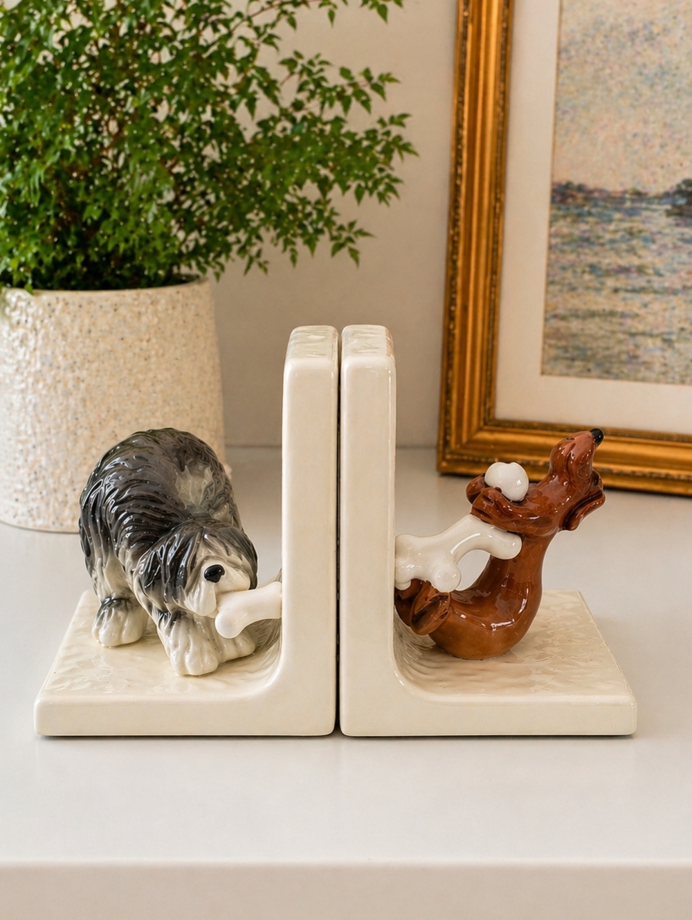Vintage 1980 QUON-QUON Japan Dog Bookends Set – Ceramic Puppy & Dachshund Bone